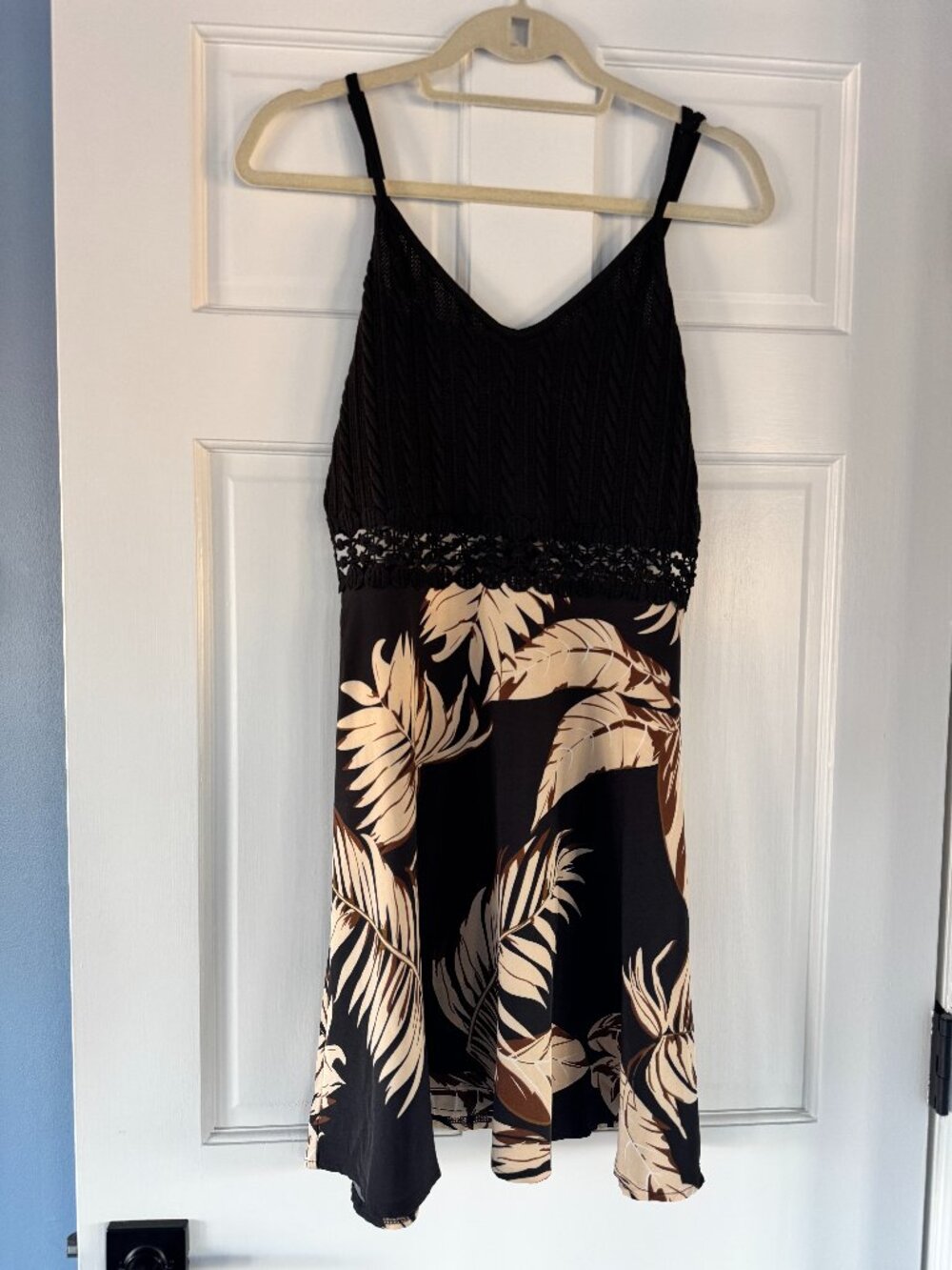 Black Floral Crochet Trim Sundress Palm Print Spaghetti Strap Size M